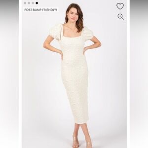 PinkBlush  Ivory Textured Square Neck Puff Sleeve Maternity Midi Dress